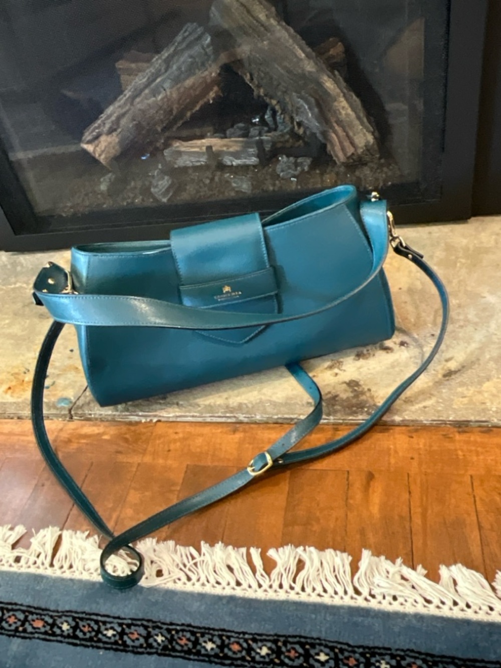 Teal Leather Crossbody Bag with Flap Closure